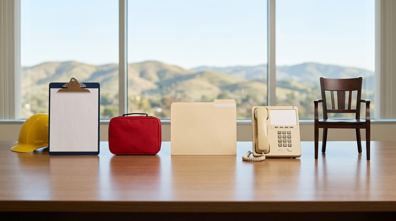 A blank injury-report clipboard, first-aid kit, records folder, telephone, and consultation chair arranged before Riverside foothills.