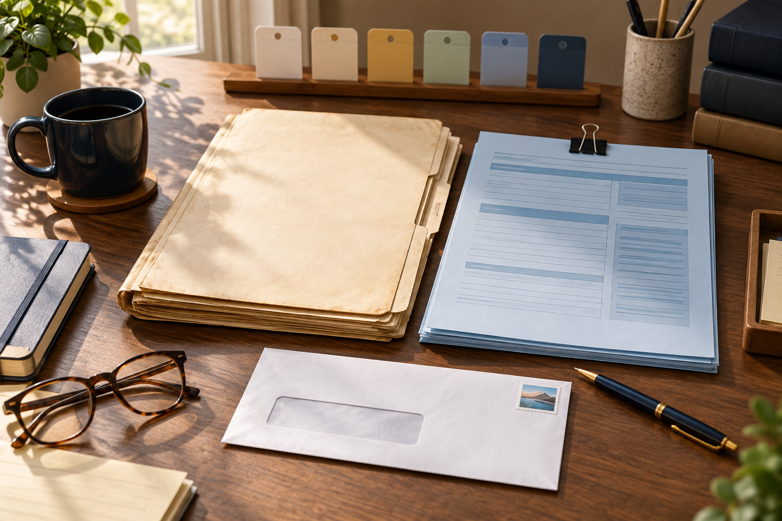 Original and revised tax-return folders beside a dated receipt and desk clock