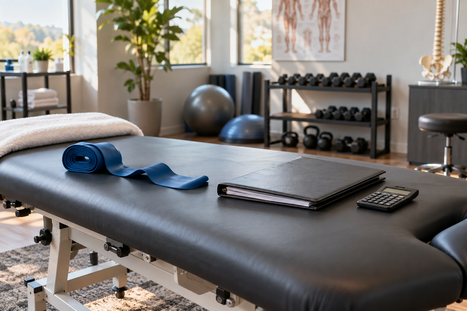 Rehabilitation table with a resistance band, medical chart, and calculator