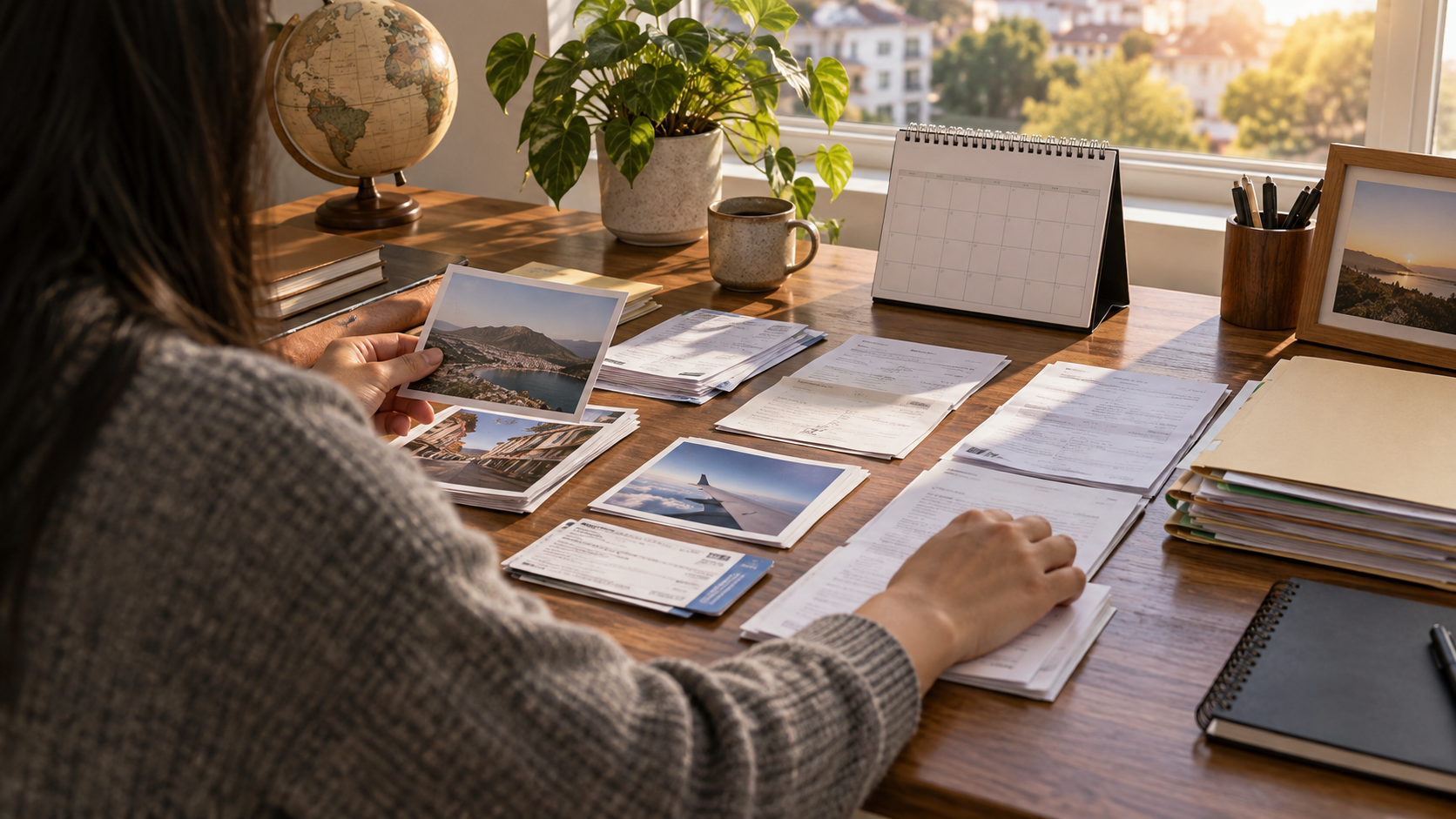 A person carefully organizing a stack of personal documents and travel records on a wooden desk near a window with soft natural light