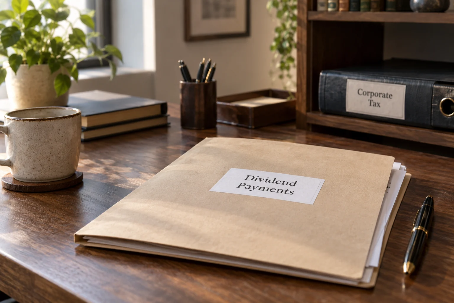 Dividend folder on a desk with a separate corporate-tax binder behind it