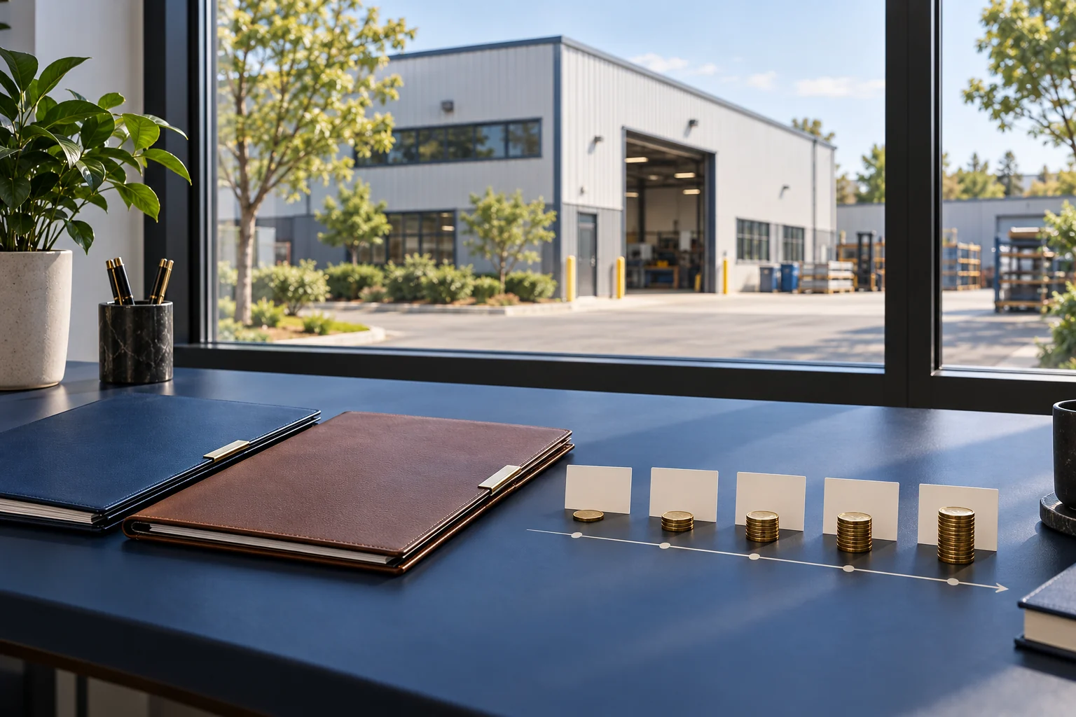 Business-sale folders and a payment timeline in an office overlooking industrial premises.