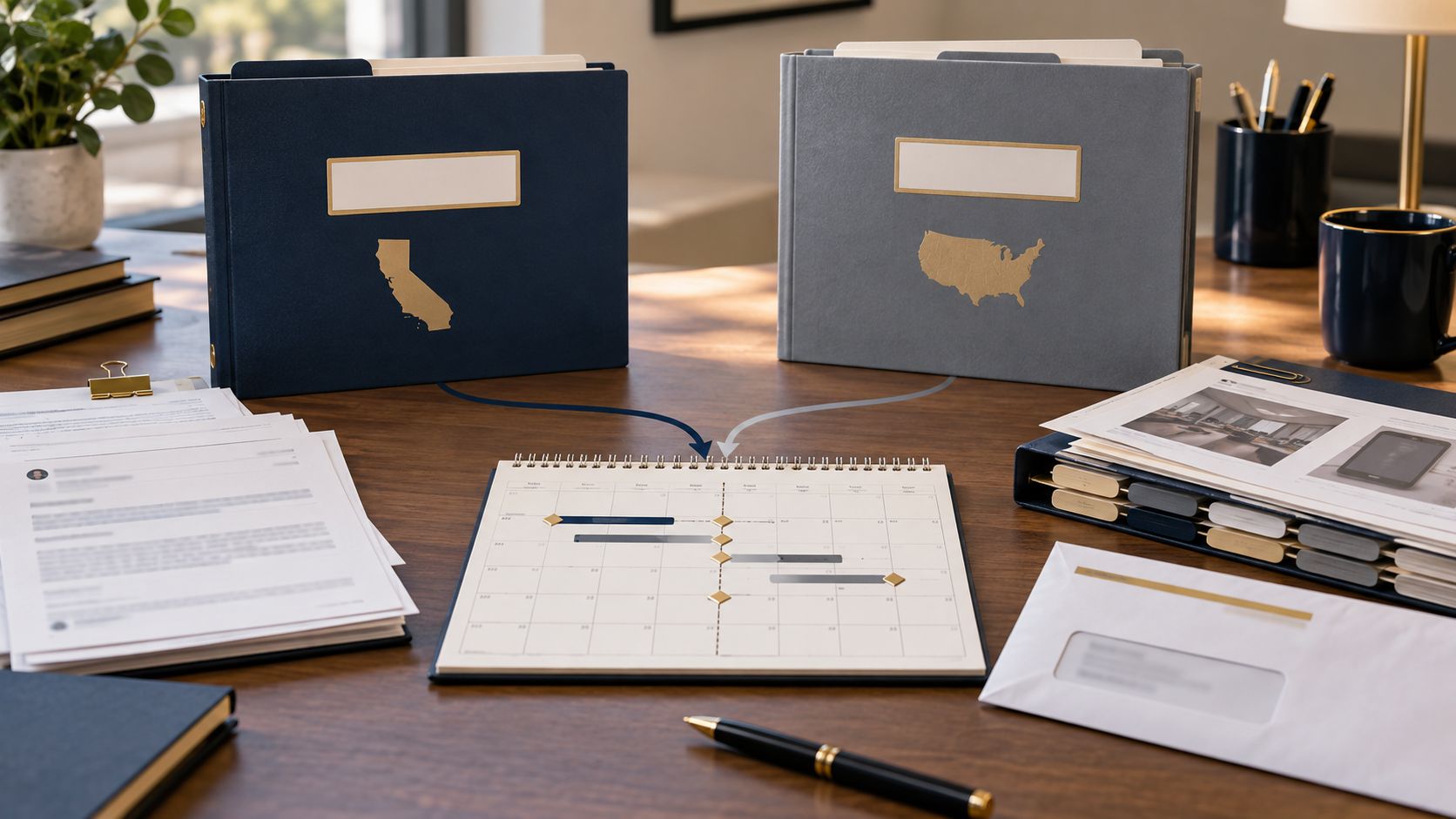 Two blank agency intake files, one shared calendar, evidence tabs, and separate right-to-sue envelopes on a professional desk.