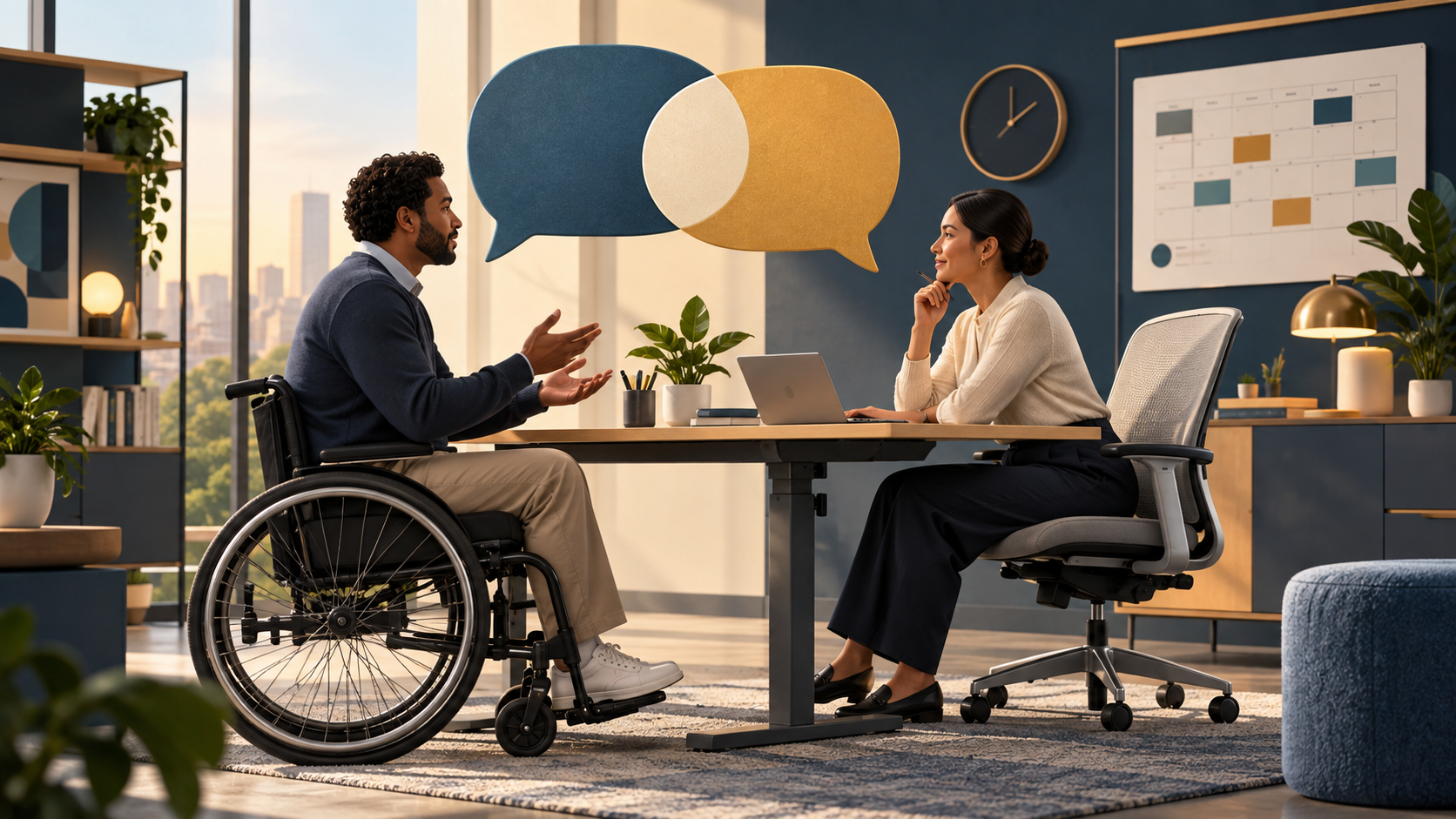 A softly lit modern office workspace with an adjustable desk, ergonomic chair, and open notebook beside a laptop, suggesting thoughtful workplace planning