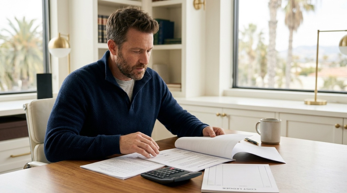 A prospective client reviews a California employment contingency-fee agreement and its cost terms in a calm Southern California office.
