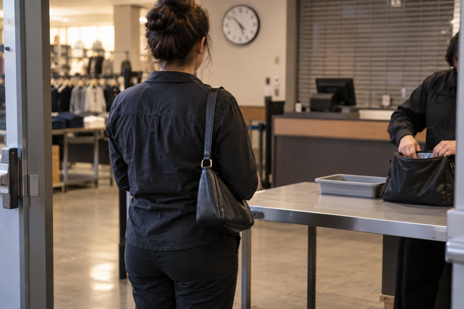Worker with a bag waiting at an illustrative retail exit inspection table