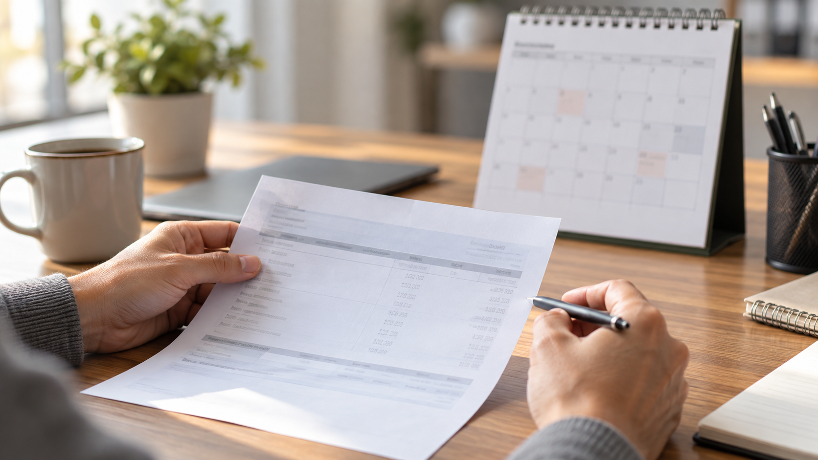 A worker reviewing a final pay stub at a desk with a calendar and employment documents nearby