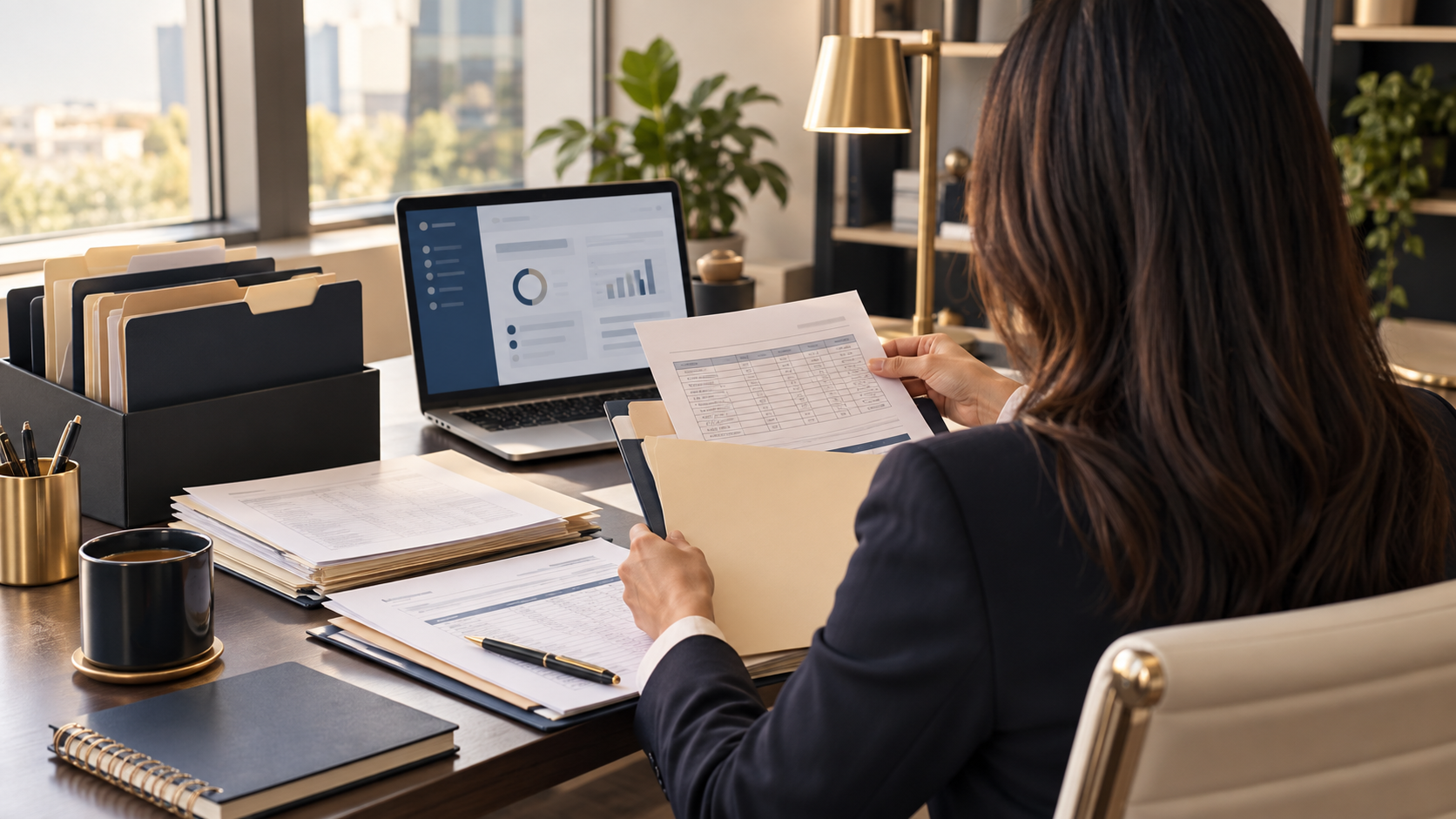 A California worker reviewing workplace pay records at a desk with a laptop and organized folders