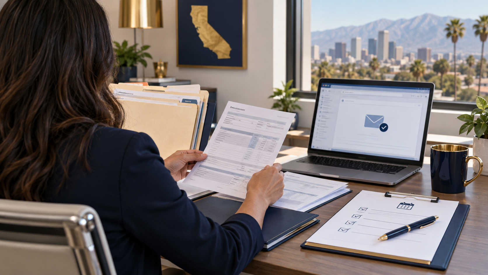 Employee reviewing a personnel folder, payroll records, and documented delivery confirmation