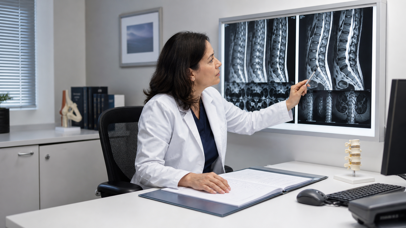 A physician in a white coat reviewing medical imaging scans and documents in a clinical office setting