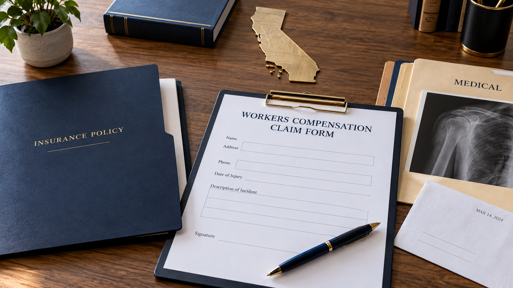 A blank California work-injury claim, empty insurance folder, medical records, receipt envelope, and organized employer records on a legal desk.
