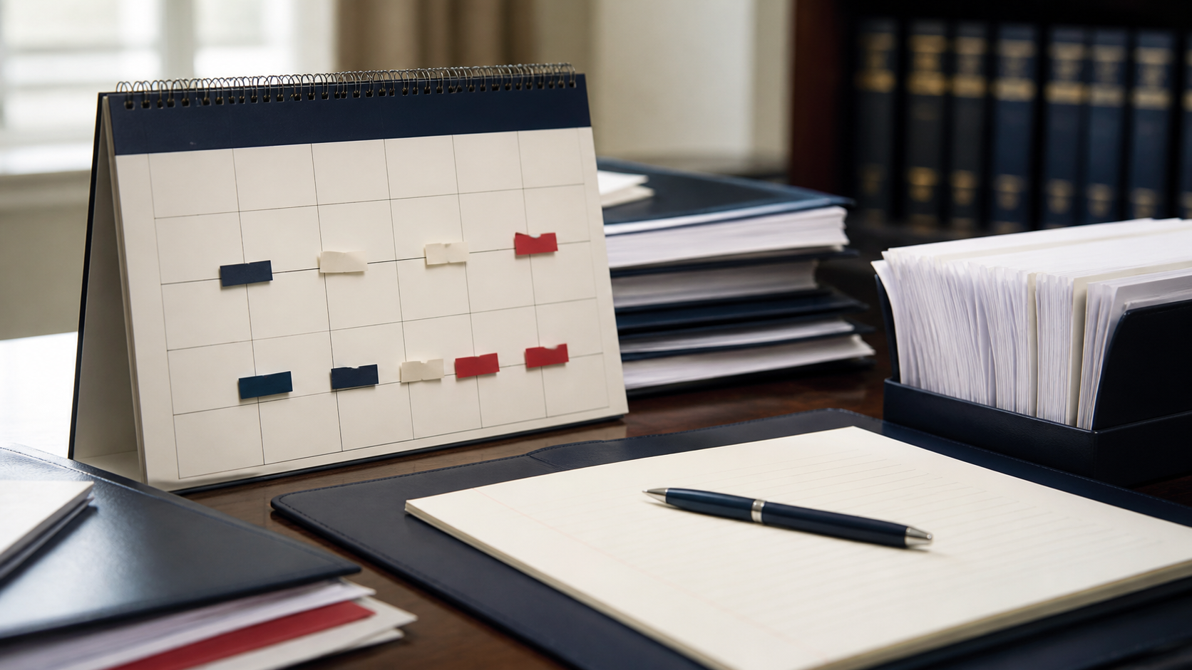 A desk with a calendar, sticky notes, and a notebook showing a handwritten sequence of workplace events