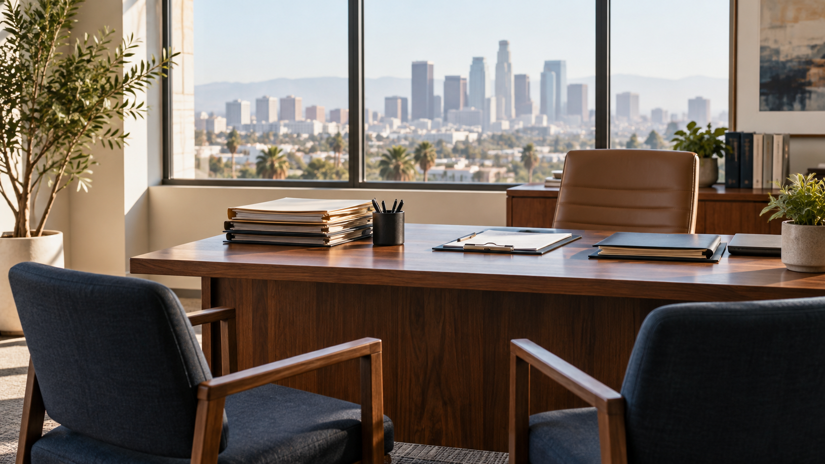 An injured worker and an attorney reviewing paperwork at a desk inside a bright California office with natural light.