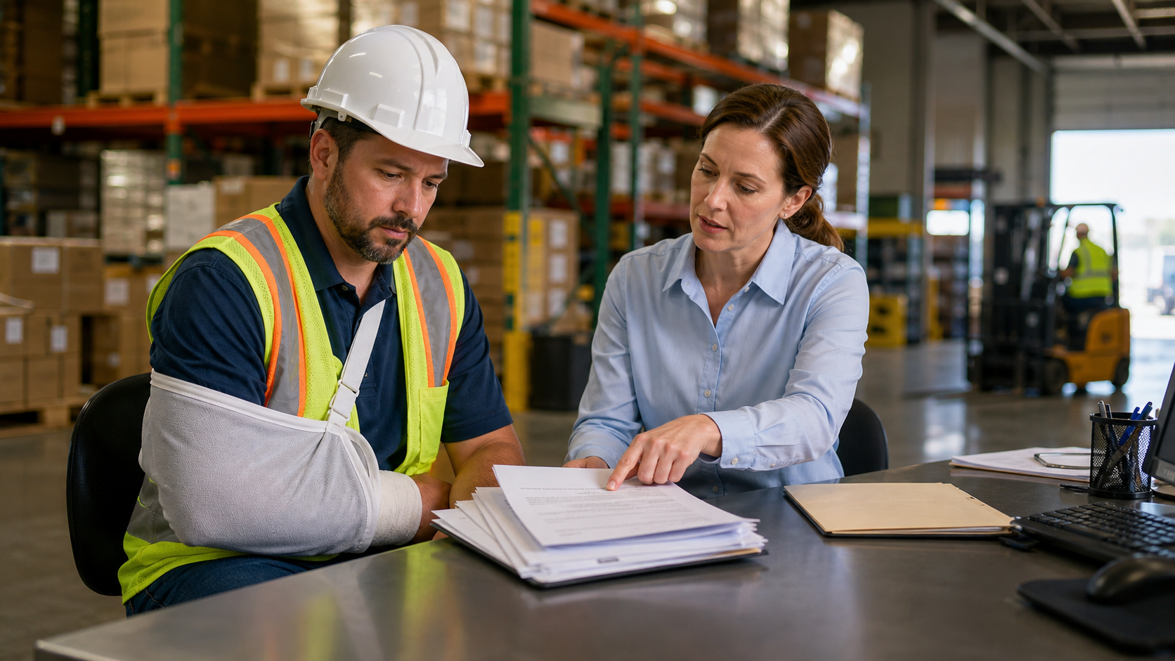 Injured warehouse worker in a hard hat reviewing paperwork at a desk with a supervisor in a California facility
