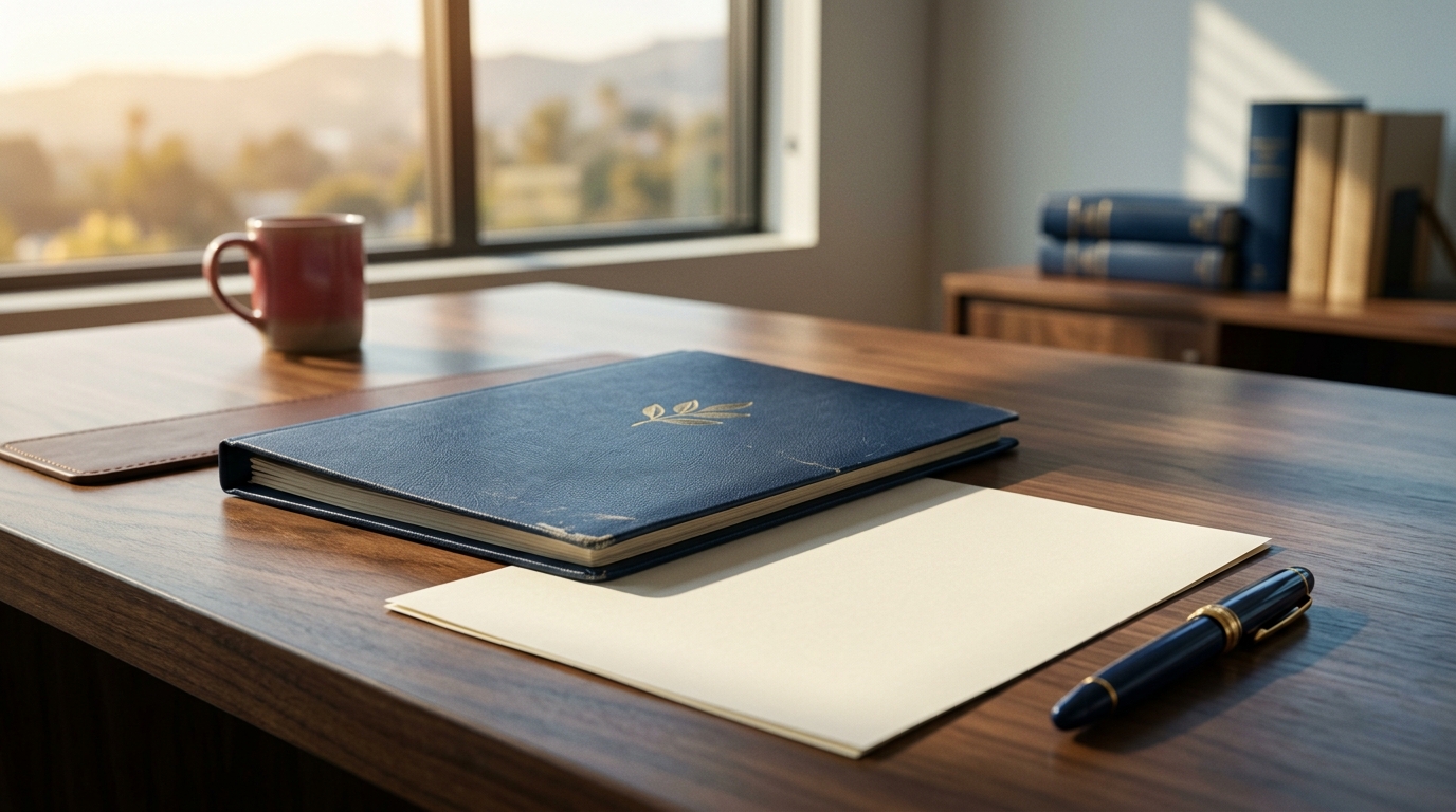 Plain medical review file and decision page on a California legal office desk