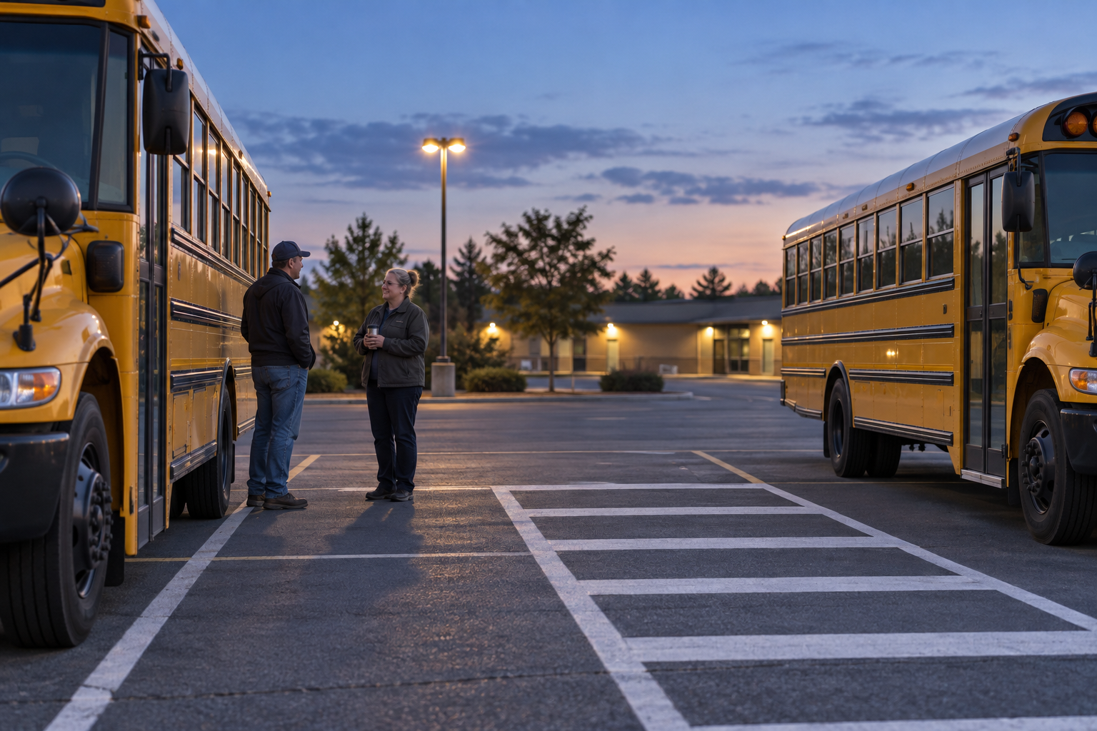 Illustrative school bus yard with coworkers talking after a shift