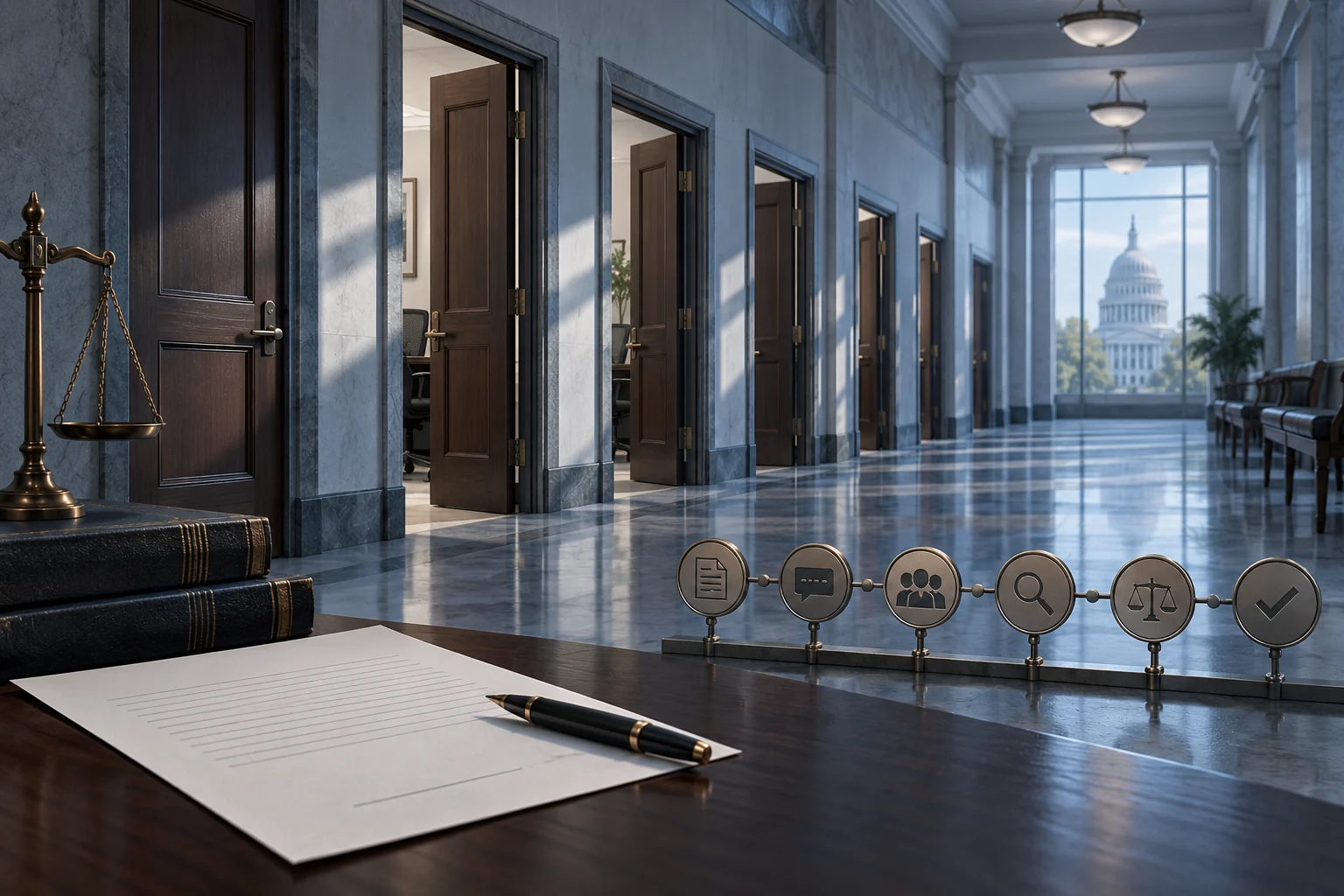 State workplace corridor with repeated closed and reopened doors