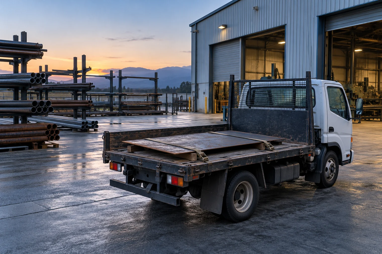 Company flatbed with personal scrap metal and an empty pipe rack outside a warehouse.