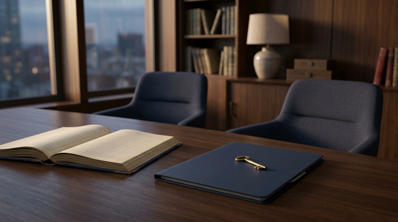 Two empty conference chairs with a blank ledger, key, and navy agreement folder