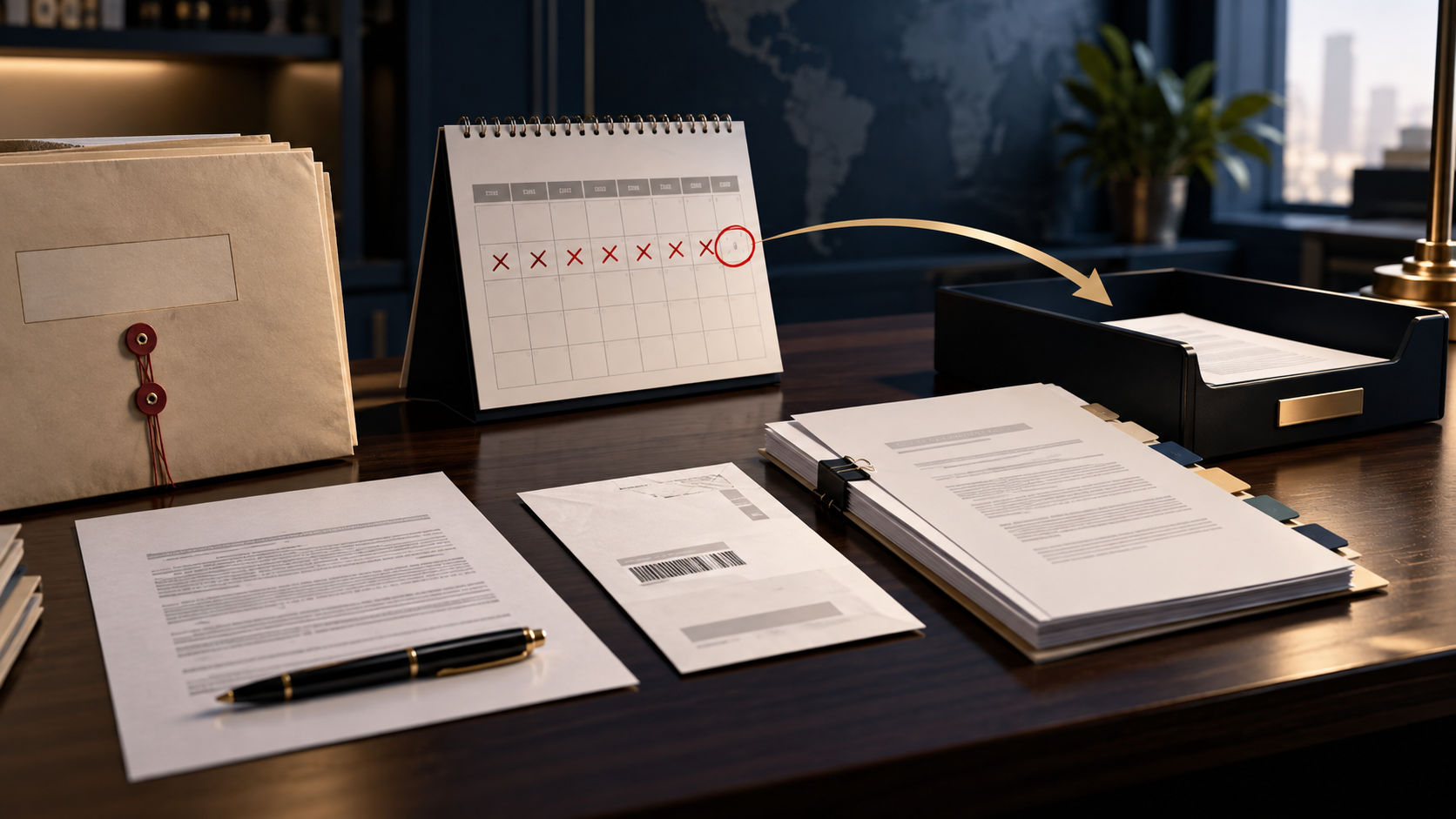 A blank federal tax lien notice, property file, account transcript, and four separate remedy folders on a dark legal desk.