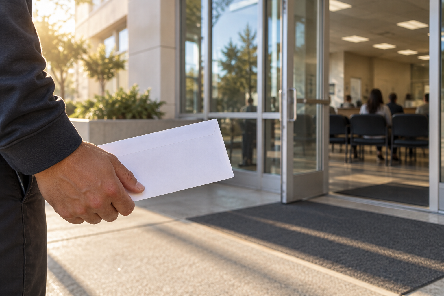 Appointment envelope held outside an illustrative public-service building