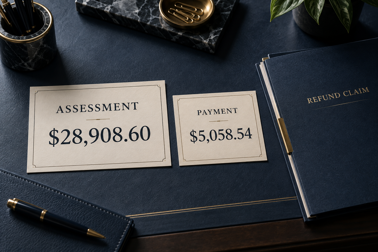 Illustration comparing the $28,908.60 assessment and $5,058.54 payment in Flora