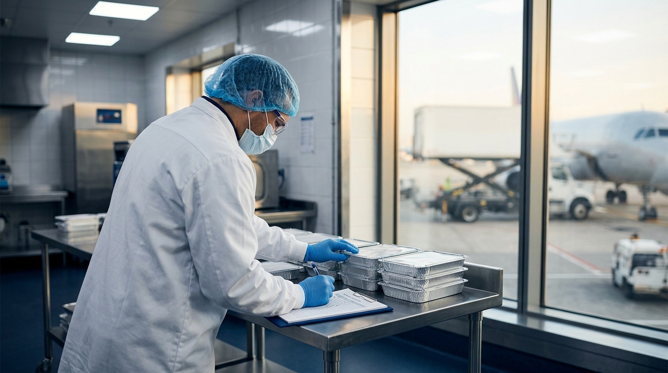 Food-service worker documenting safety conditions in a commercial airline-catering kitchen