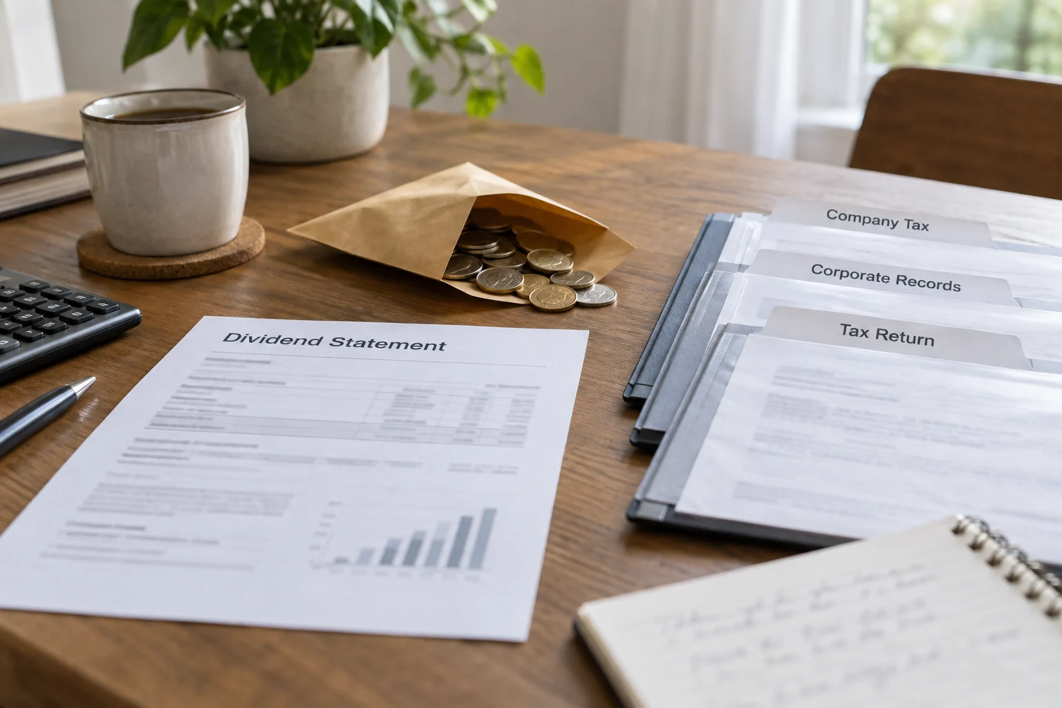 Dividend statement, corporate-tax records and coins on a desk