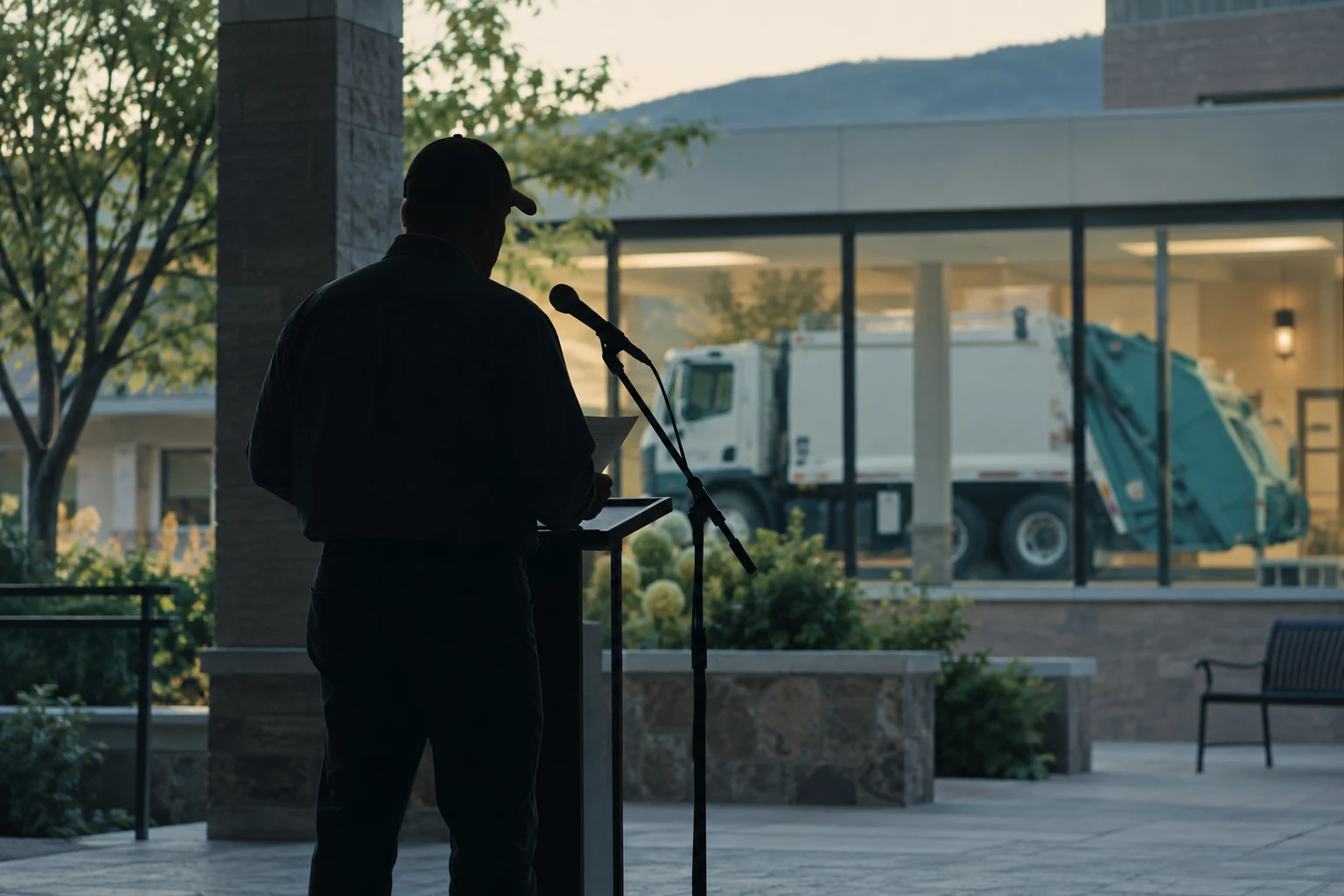 A contractor speaks at a public-comment microphone with a municipal service truck in the distance.