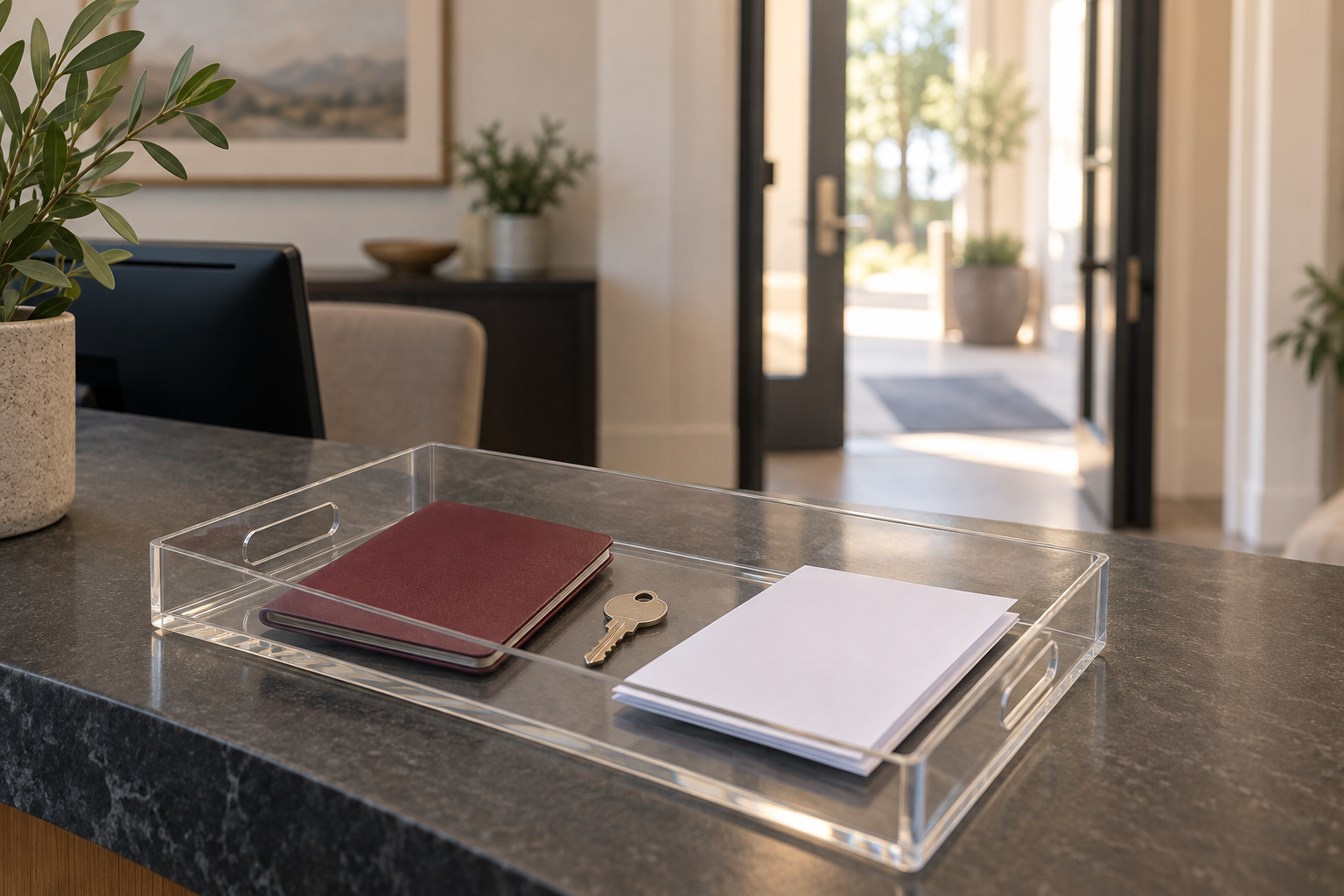 Passport, key, and paperwork in a property-return tray