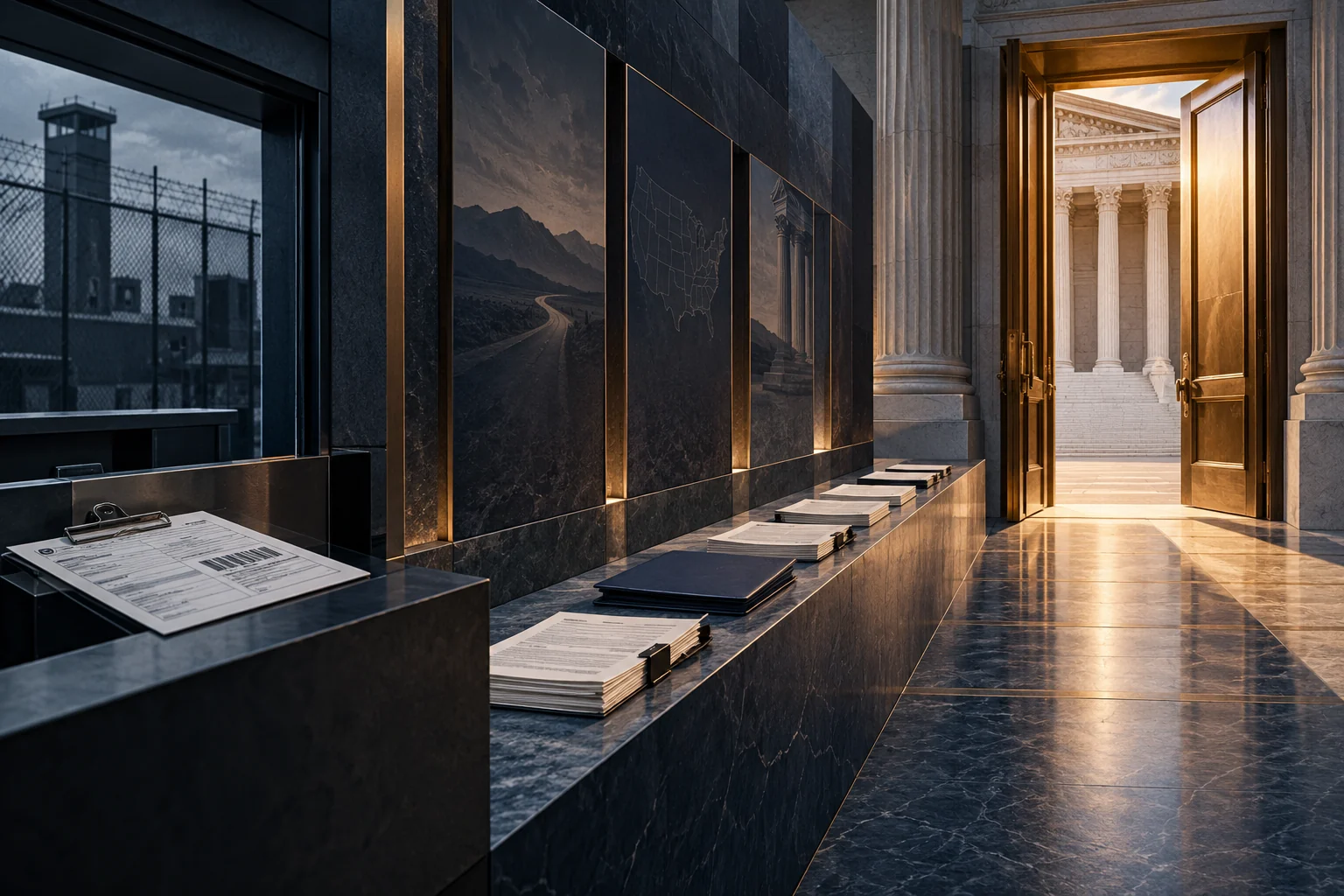 Dark immigration corridor opening into a federal courthouse