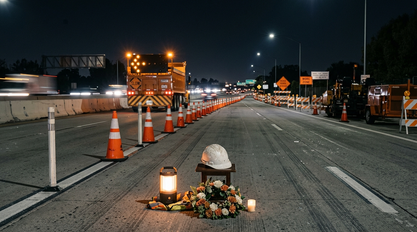 Nighttime freeway work zone protected by cones and an impact vehicle