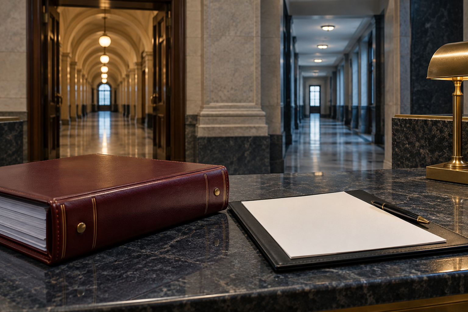 Illustrative petition folio on a courthouse filing counter between two corridors
