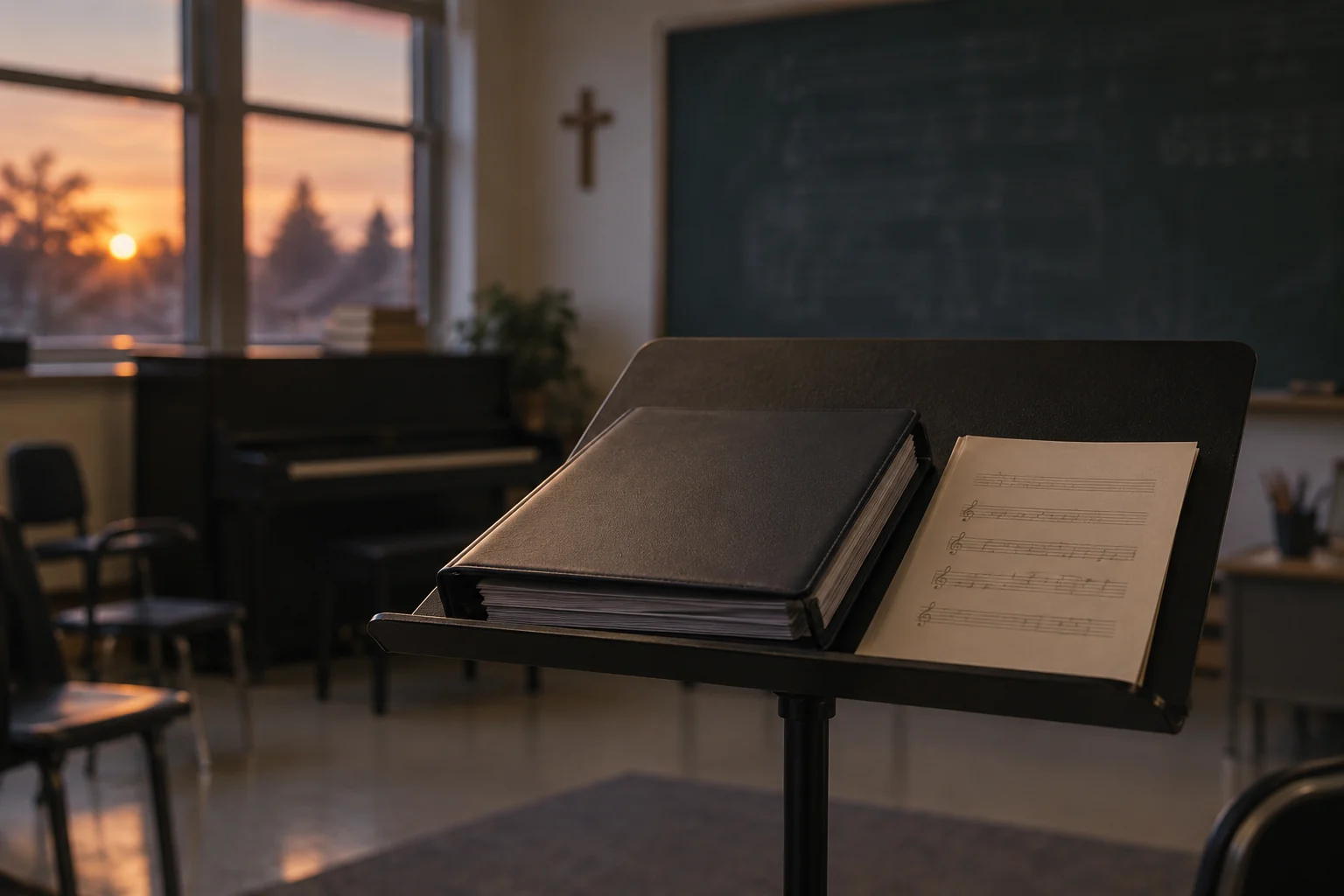 Teaching binder and music folder on a stand in a classroom with a wall cross
