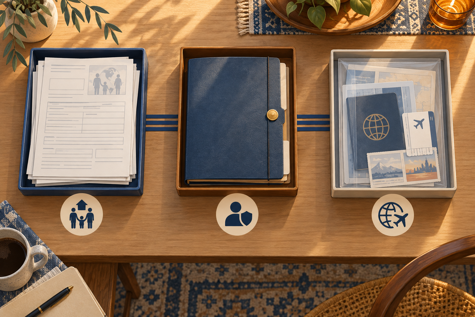 Three separate trays containing benefits forms, a court folder and travel records.
