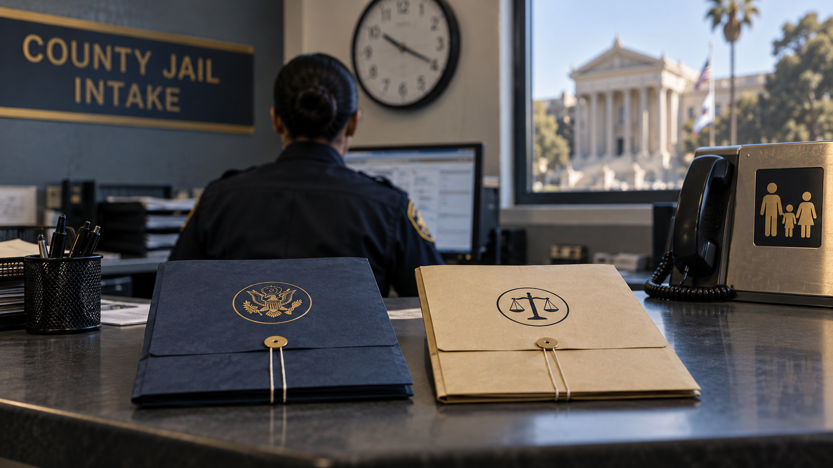 County jail intake desk with separate immigration and judicial document folders and a family contact phone