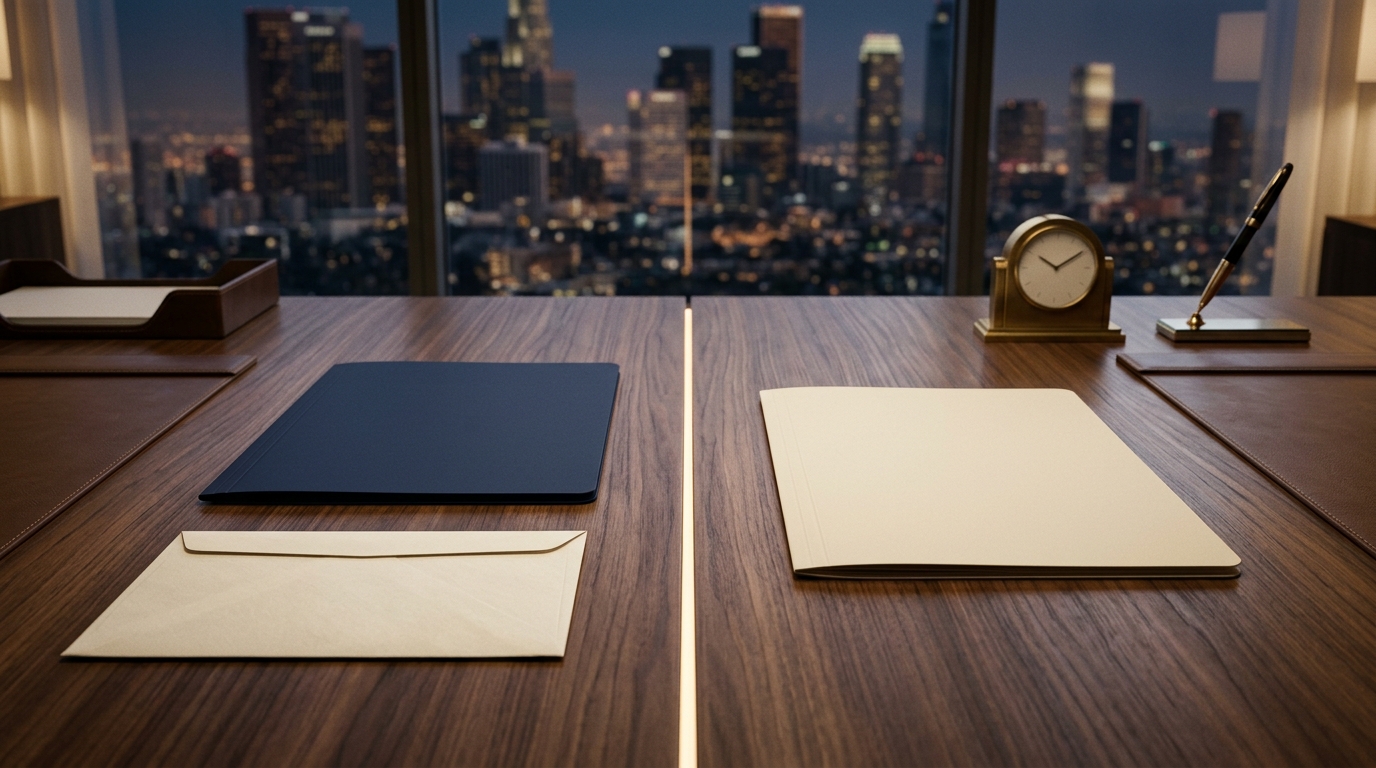 Two plain case folders divided by a narrow illuminated line in a Los Angeles office