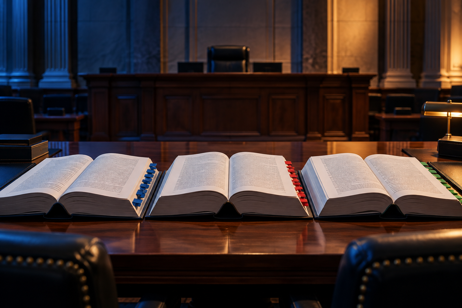 Three tabbed volumes on an illustrative courtroom counsel table