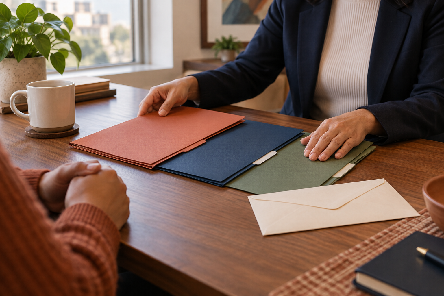 Illustrative consultation table with immigration records and hands reviewing a file
