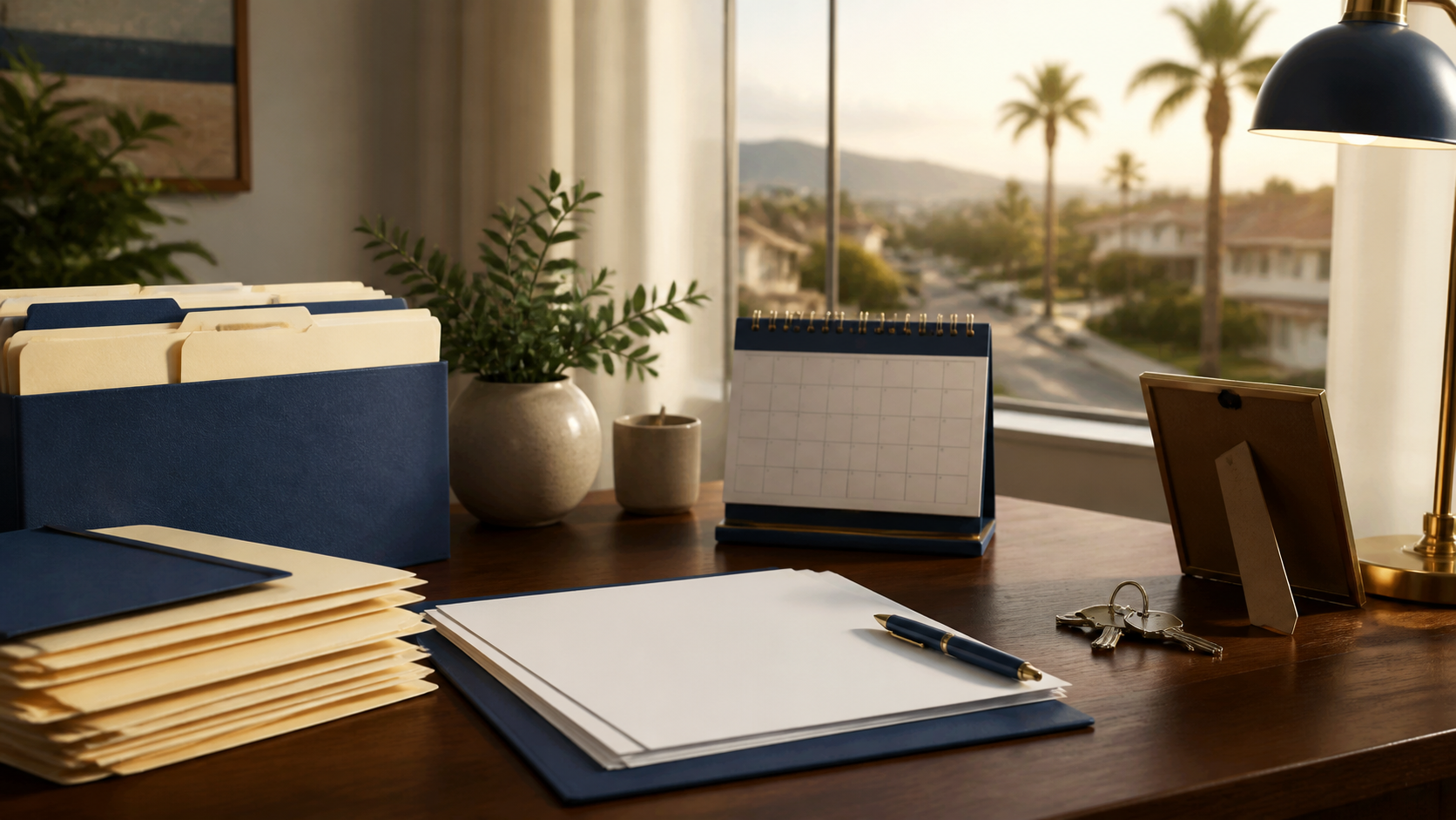 A neatly organized stack of folders and documents on a wooden desk beside a window overlooking a sunny Southern California neighborhood