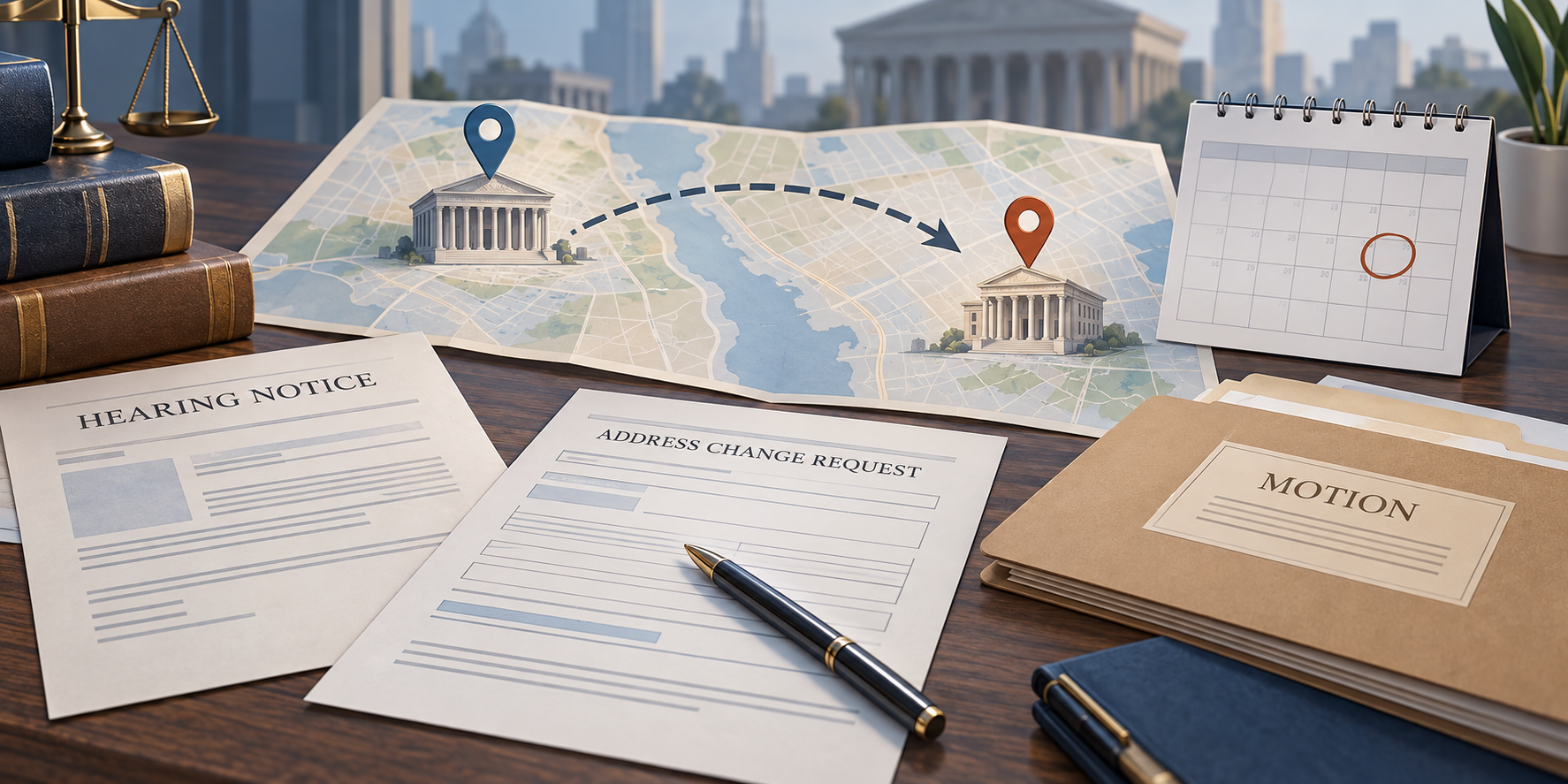 An immigration hearing notice, address-change form, travel map, and motion arranged for filing