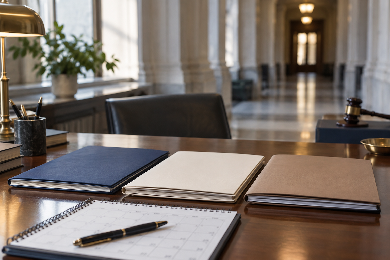 Three labeled procedural folders beside an immigration court calendar