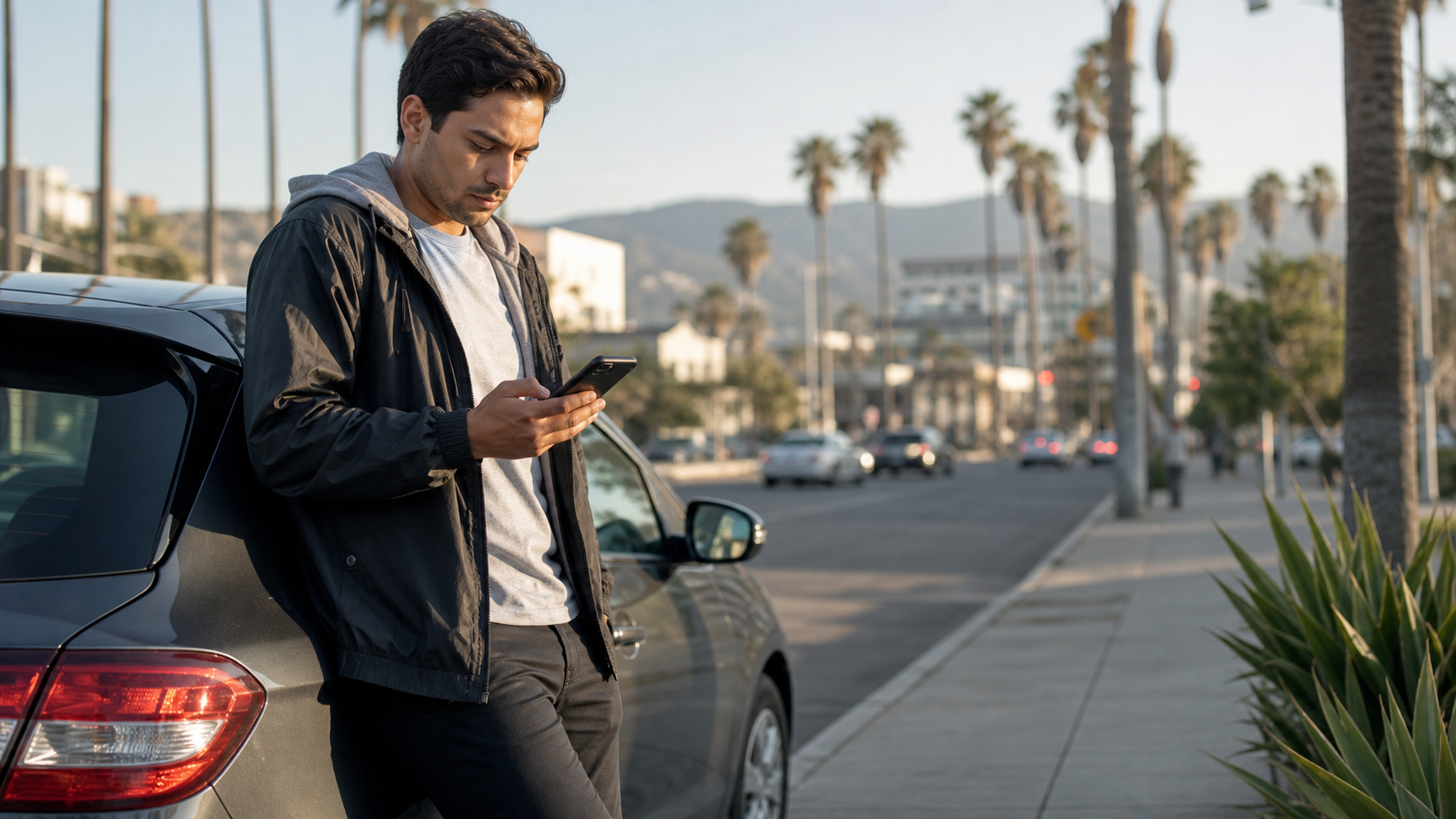 A rideshare driver standing beside a car in an urban setting, reviewing information on a smartphone