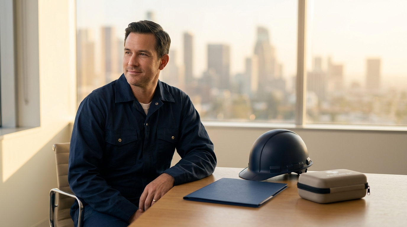 Los Angeles worker seated beside a safety helmet, closed claim folder, and first-aid kit.