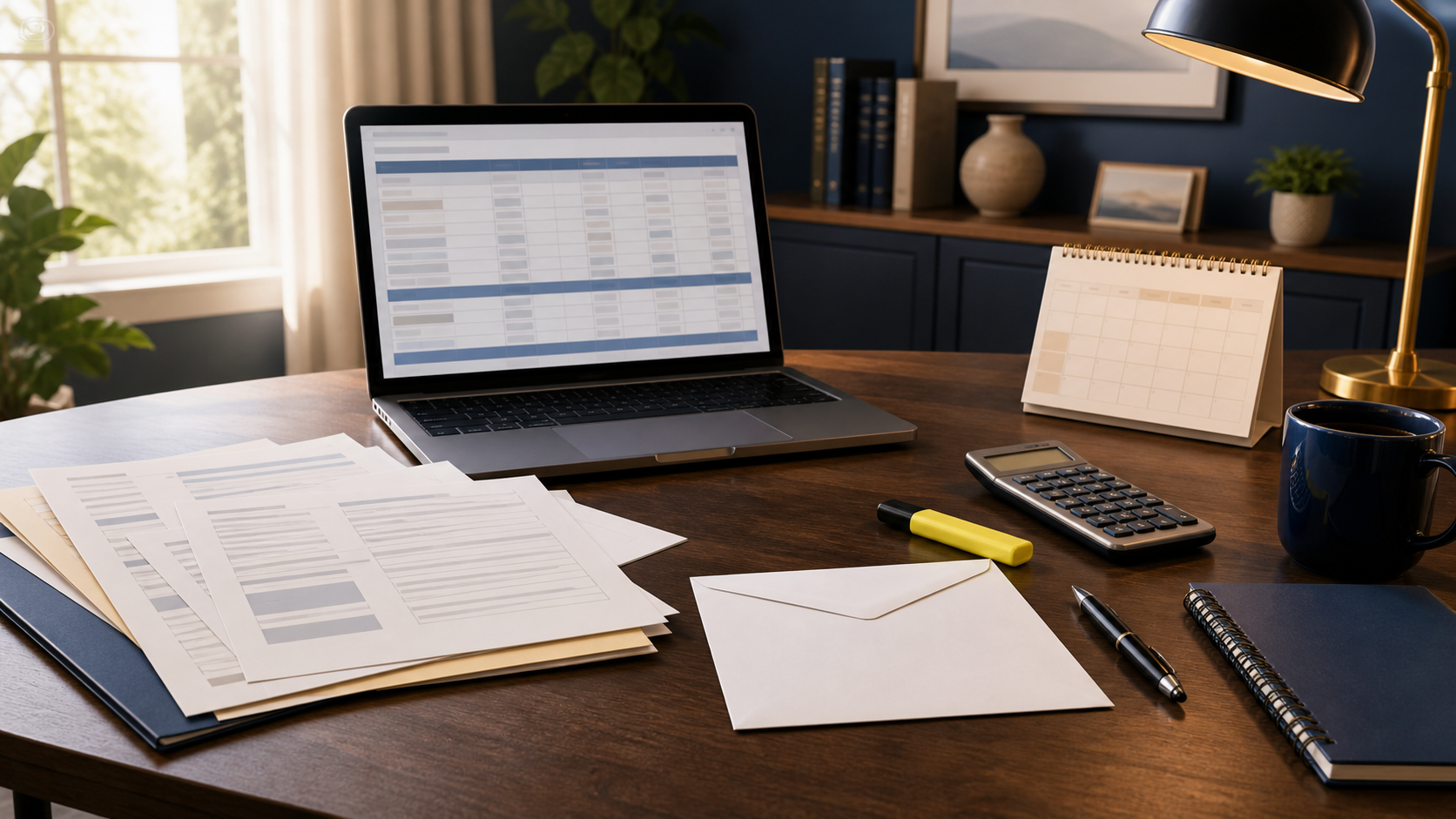A person carefully reviewing financial documents and a computer screen showing income figures at a home office desk