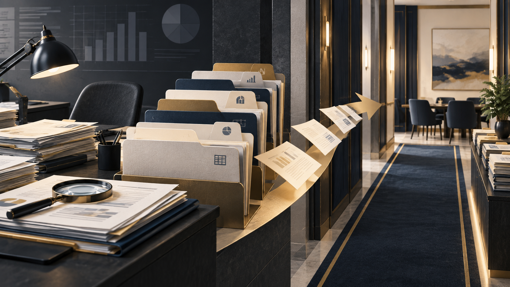 A person organizing financial documents and folders at a desk with a laptop open to a government website
