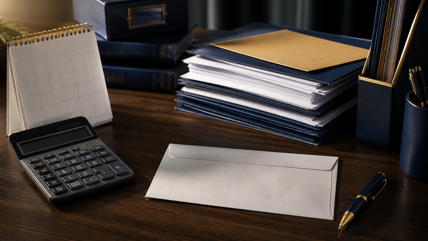 A person carefully reviewing an official government envelope and tax correspondence at a home desk with a calendar nearby