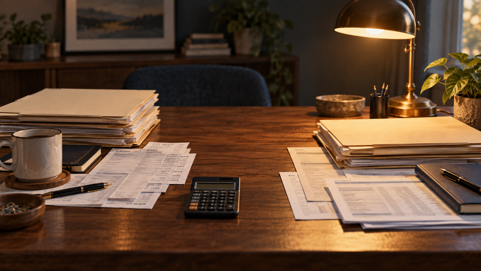 A person sitting at a kitchen table reviewing tax documents and financial records spread across the surface, with a laptop open nearby