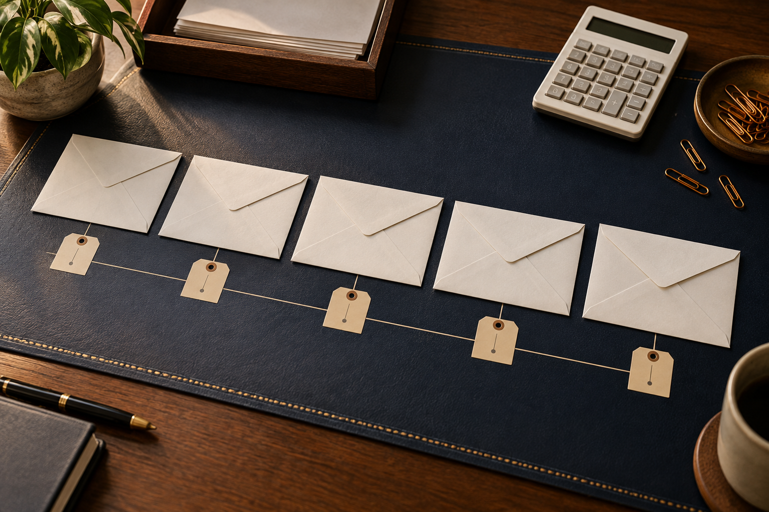 Illustrative sequence of IRS correspondence envelopes on a navy desk