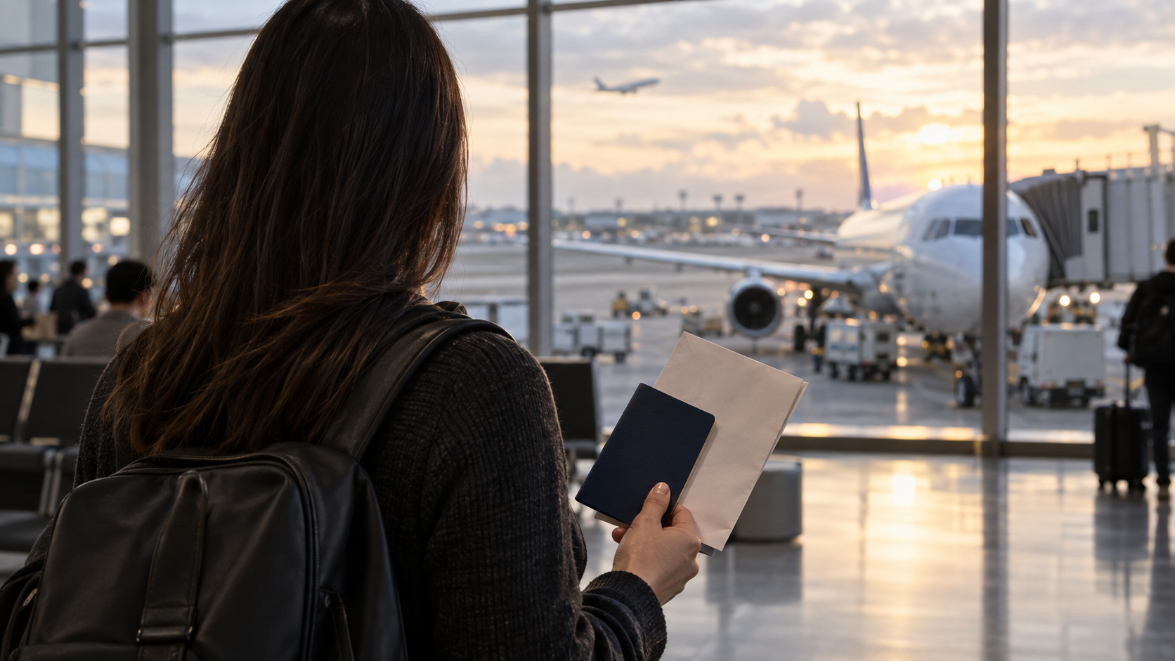 A traveler at an airport departure gate holding a passport and looking at a notice letter with a concerned expression, warm terminal lighting